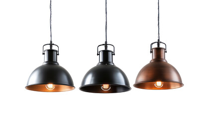Three hanging pendant lights in black and copper finishes with exposed Edison style bulbs against a black background.