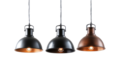 Three hanging pendant lights in black and copper finishes with exposed Edison style bulbs against a black background.