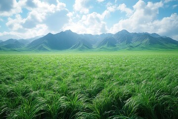 Fototapeta premium A serene landscape featuring a lush green field with mountains in the distance
