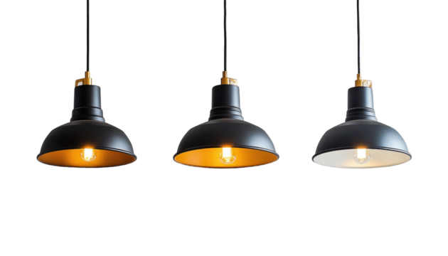 The image shows three black metal pendant lights with varying levels of light intensity, showcasing different lighting effects.