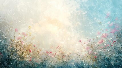 Obraz premium Sunlit misty meadow at dawn a serene pastel landscape