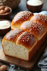 Naklejka premium Freshly Baked Homemade Bread Loaf with Sesame Seeds on Rustic Wooden Board
