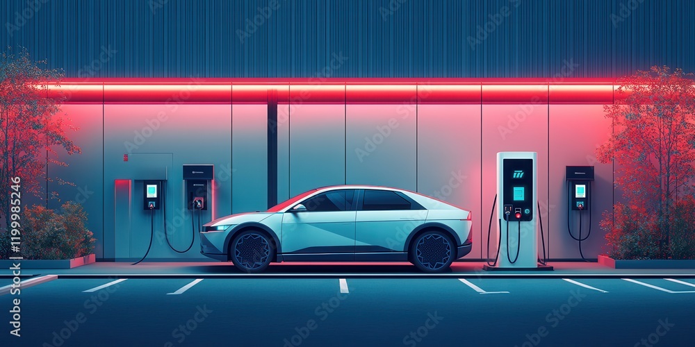 Poster smart grid-connected charging hub with energy storage solutions on a tech campus backdrop, optimizin