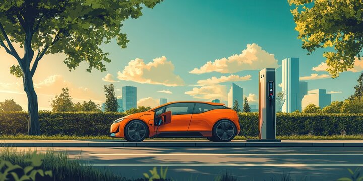 Portable EV charging unit with a compact design on a roadside backdrop, on-demand charging theme