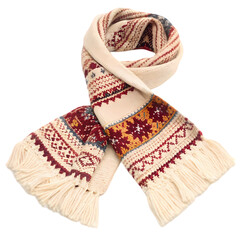 Elegant Cream Winter Scarf Red Pattern Knitted Texture Warm Fashion Accessory wool cozy boho soft   