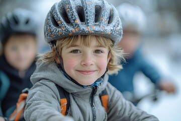 A young boy riding a bike wearing a helmet on a sunny day