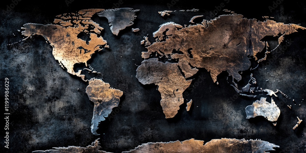 Poster a simple and clear map of the world against a dark background, suitable for use in presentations, re