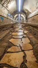 Abandoned Underground Tunnel with Cracked Pathway and Rustic Atmosphere