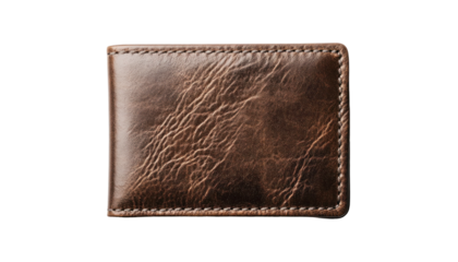 A high-resolution close-up image showcases a brown leather wallet with detailed textural features and visible stitching.