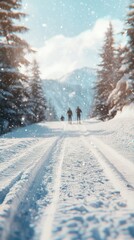 Fototapeta premium Winter mountain landscape with sled tracks and pine forests