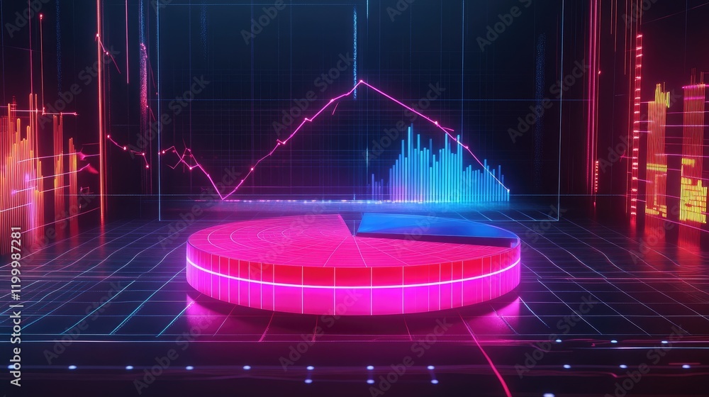 Poster a d pie chart floating in a futuristic virtual space, surrounded by data points and glowing lines.