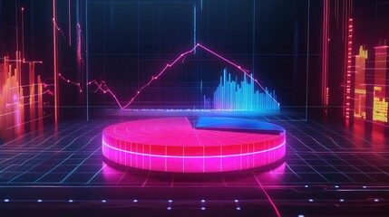 A D pie chart floating in a futuristic virtual space, surrounded by data points and glowing lines.