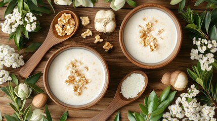 A creamy salted caramel milkshake, garnished with walnuts, surrounded by fresh greens and delicate flowers, exuding warmth.