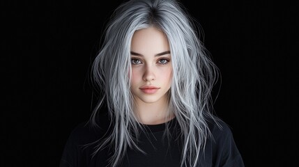 Fototapeta premium Close-up portrait of a young woman with long, messy silver hair against a black background.