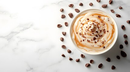 A creamy salted caramel milkshake swirled with rich chocolate bits, evoking indulgence and a sweet, cozy vibe.