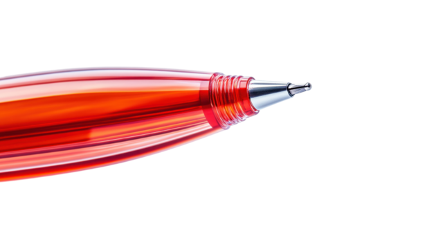 A detailed close-up shot reveals the tip of a transparent red ballpoint pen against a black background.