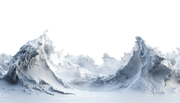 A digitally rendered abstract image depicts a snowscape with undulating white forms against a black background.
