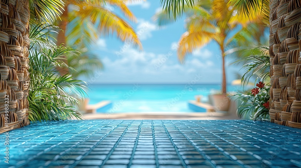Poster relaxing view of a tropical paradise with beautiful palm trees and a serene ocean in the background