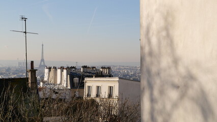 View of the Eiffel Tower from a Parisian rooftop on a clear morning with city skyline in the background.