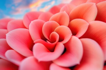 Obraz premium Close-up of vibrant pink flower petals in soft focus against a colorful sky background, AI
