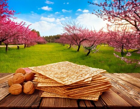 Passover celebration concept. Matzah, red kosher and walnut. Traditional ritual Jewish bread