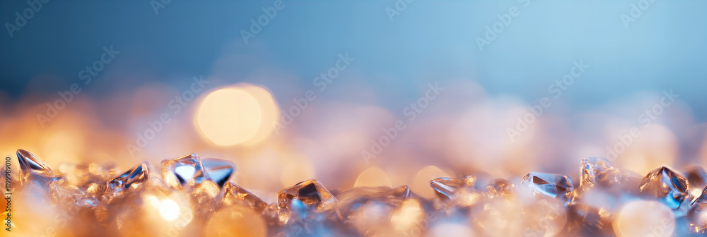 Sticker shimmering crystals scattered on a surface reflecting light in a soft-focus background