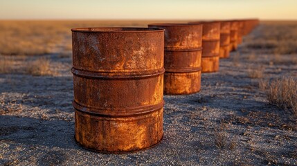 Naklejka premium Rusty barrels desert sunset environmental hazard.