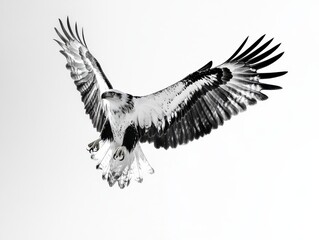 A soaring eagle with wings fully spread, in a dynamic mid-flight pose, crisp outlines and bold strokes highlighting its feathers