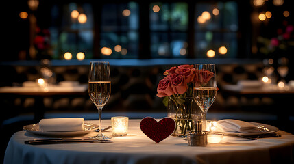Elegant Romantic Dinner Table with Champagne, Red Roses, Candlelight, and a Heart-Shaped Centerpiece