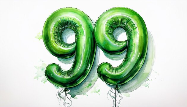 Green birthday / anniversary party balloon, number 99, watercolor painting with white background