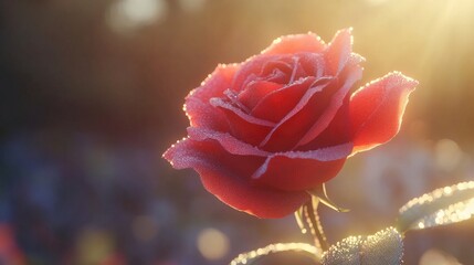 Obraz premium A close-up of a vibrant red rose with dew drops glistening on its petals in the morning sunlight.