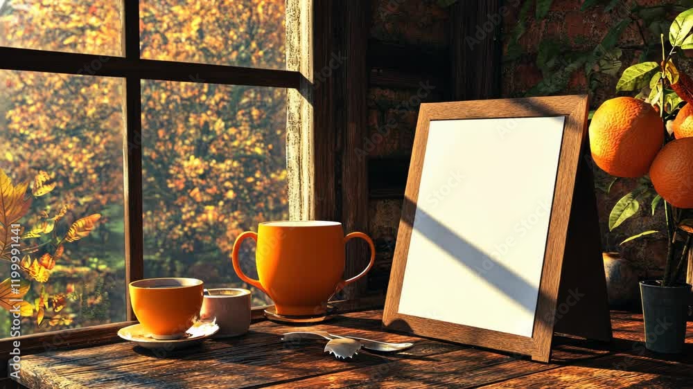 Poster warm autumn light illuminates a cozy table setting with oranges and blank frame by the window
