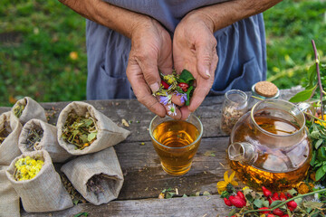 Medicinal herbs and tea old woman. Selective focus.