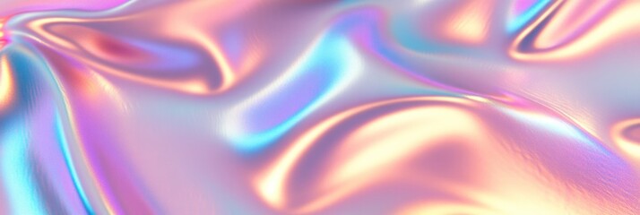 Obraz premium Colorful iridescent, holographic rainbow foil texture background. Iridescent fabric trendy cloth holographic texture purple pink blue metal