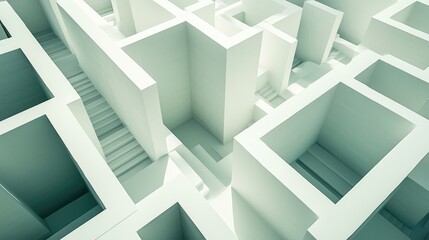 Abstract maze structure with white walls and staircases.