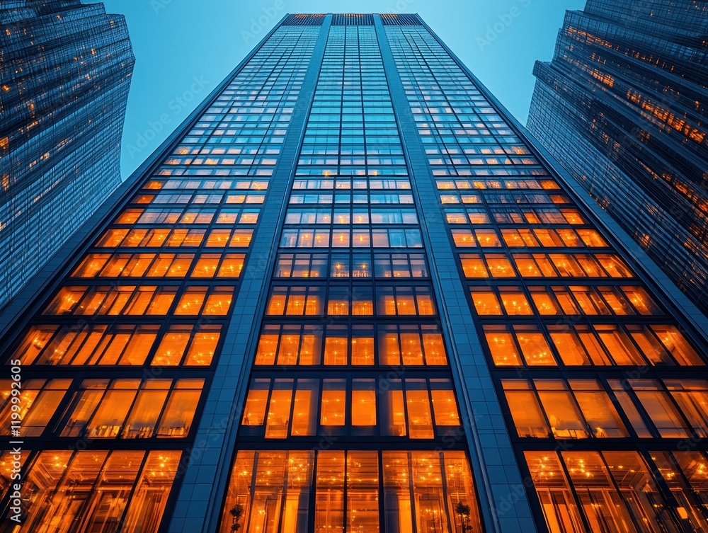 Poster a towering skyscraper illuminated at dusk, showcasing modern architecture and design.