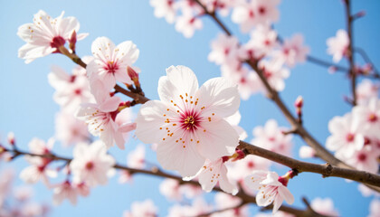 Obraz premium Cherry blossoms blooming under blue sky in serene garden, tranquility