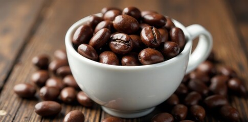 Fototapeta premium Shiny dark brown beans in white cup, smooth wood , grain, smooth