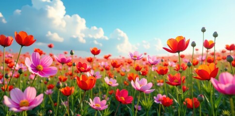 Naklejka premium Cosmos field, intensely colored petals against a cloudless sky , flower, botany