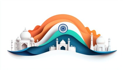 A vibrant depiction of the Indian tricolor unfurling over the Taj Mahal, Qutub Minar, and other landmarks, representing the spirit of the nation