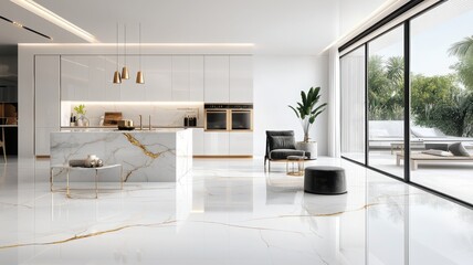 Fototapeta premium Modern kitchen design with sleek finishes and bright natural light.