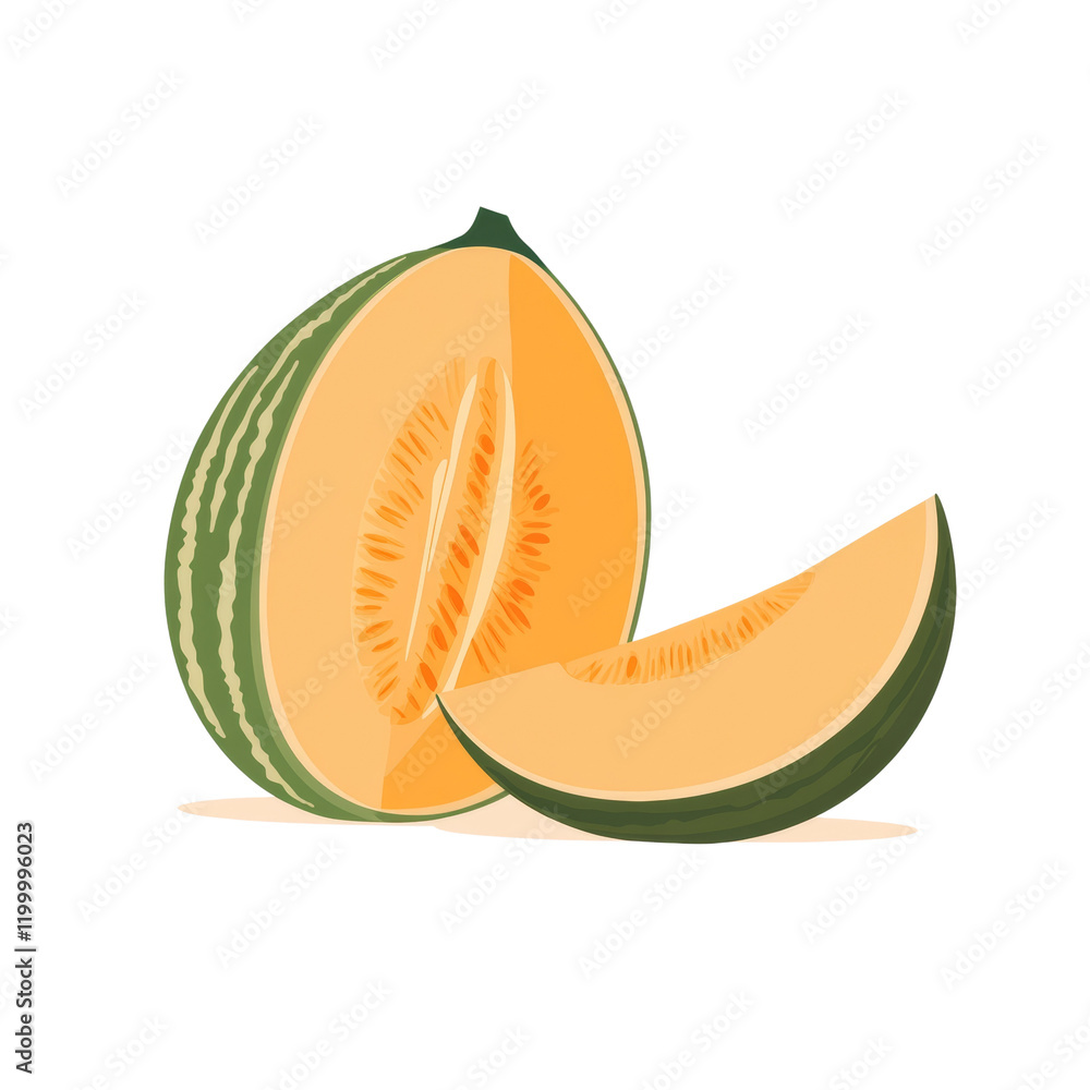Poster a halved cantaloupe and a separate slice are shown against a plain white background.