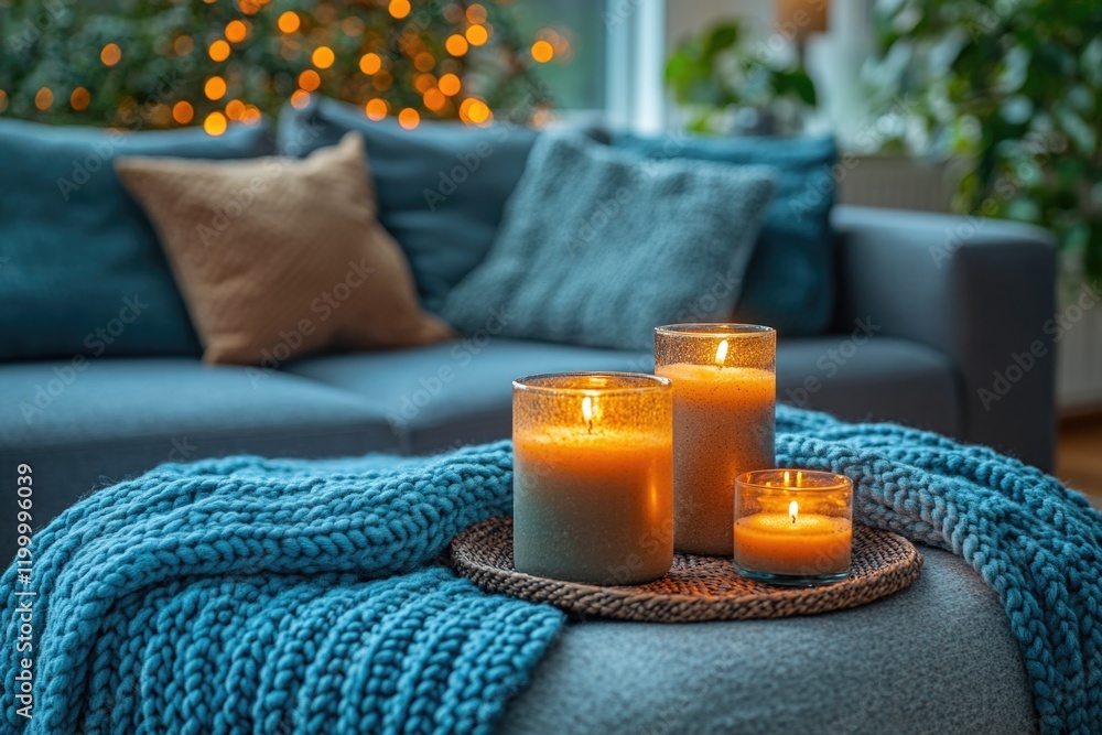 Poster a simple setting with three candles on a table in front of a couch