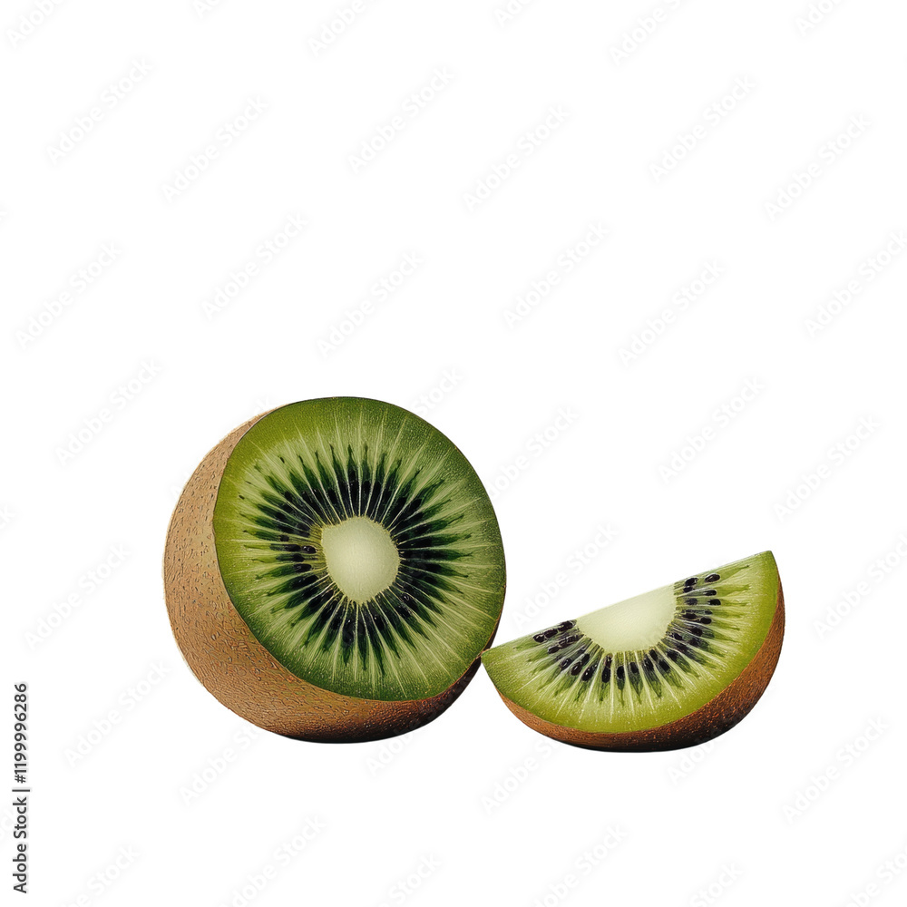 Poster A minimalist image showcasing a halved kiwi fruit and a separate slice on a light blue surface, bathed in soft sunlight.