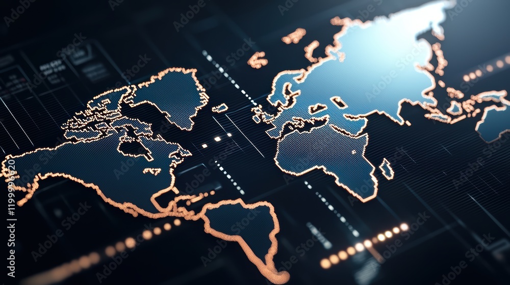 Poster global gdp trends represented by glowing charts and rising data lines overlaid on a futuristic map o