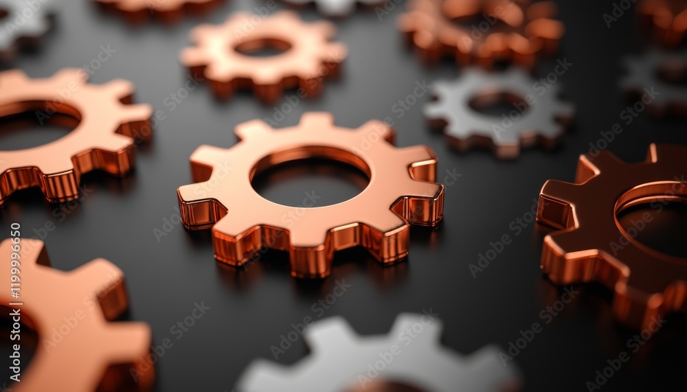 Poster a close-up view of metallic gears reflecting light, showcasing intricate details and textures in a m