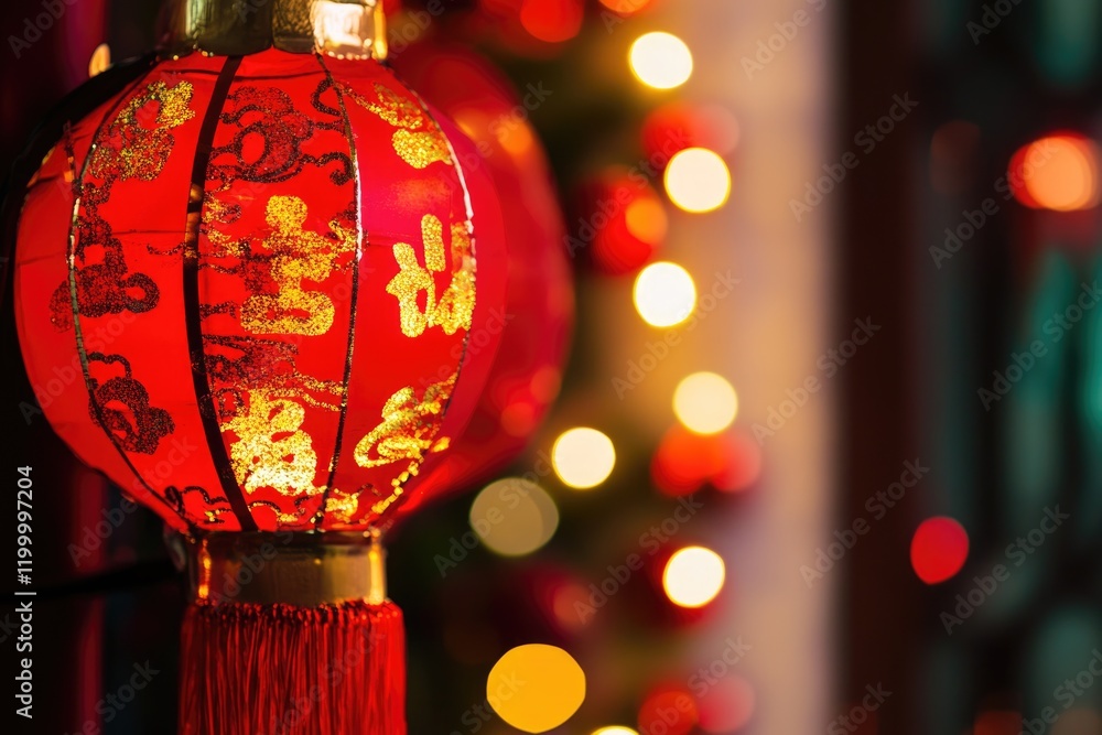 Poster a close-up shot of a red lantern with lights shining in the background