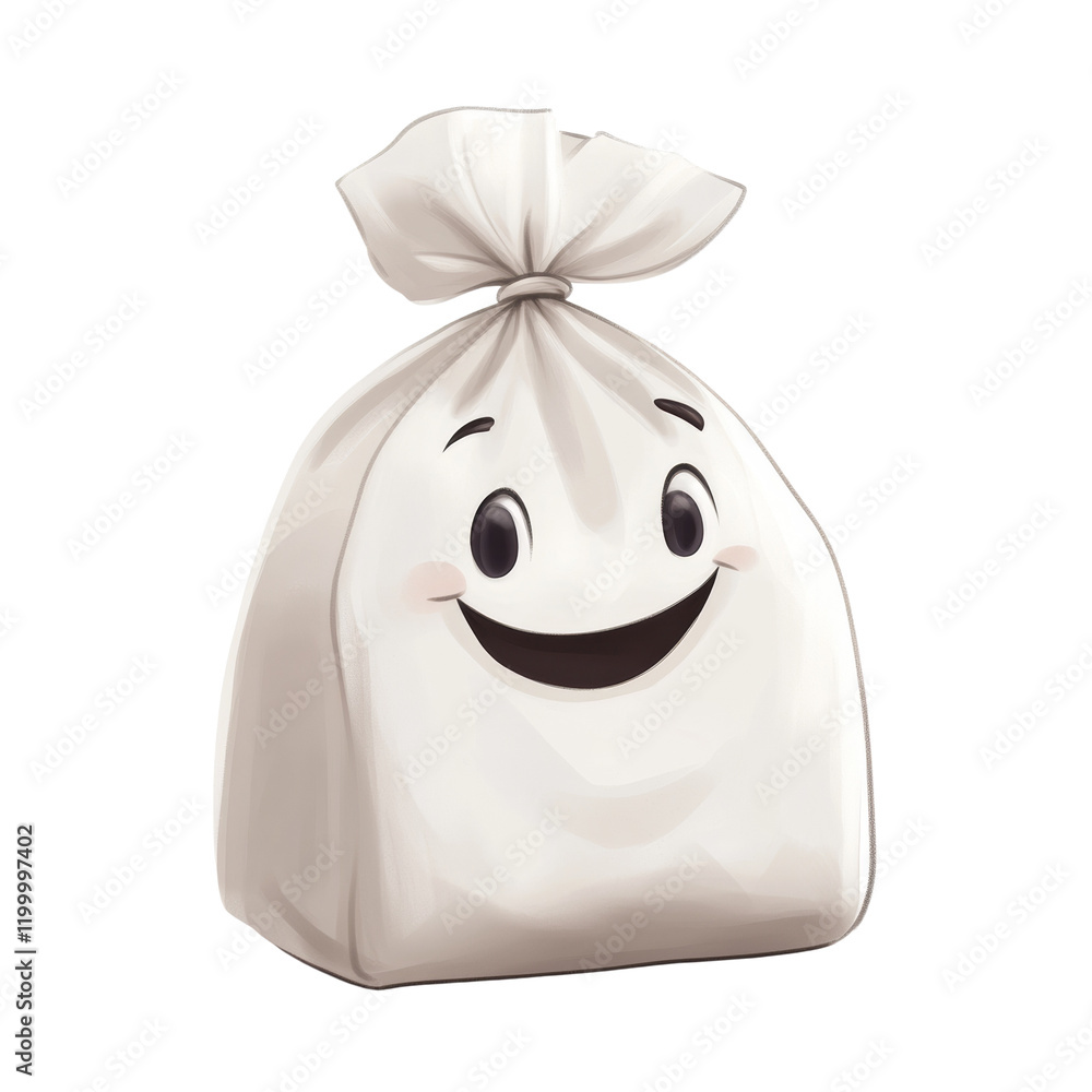 Poster a digitally illustrated cartoon of a happy smiling bag, light beige in color and with simple feature