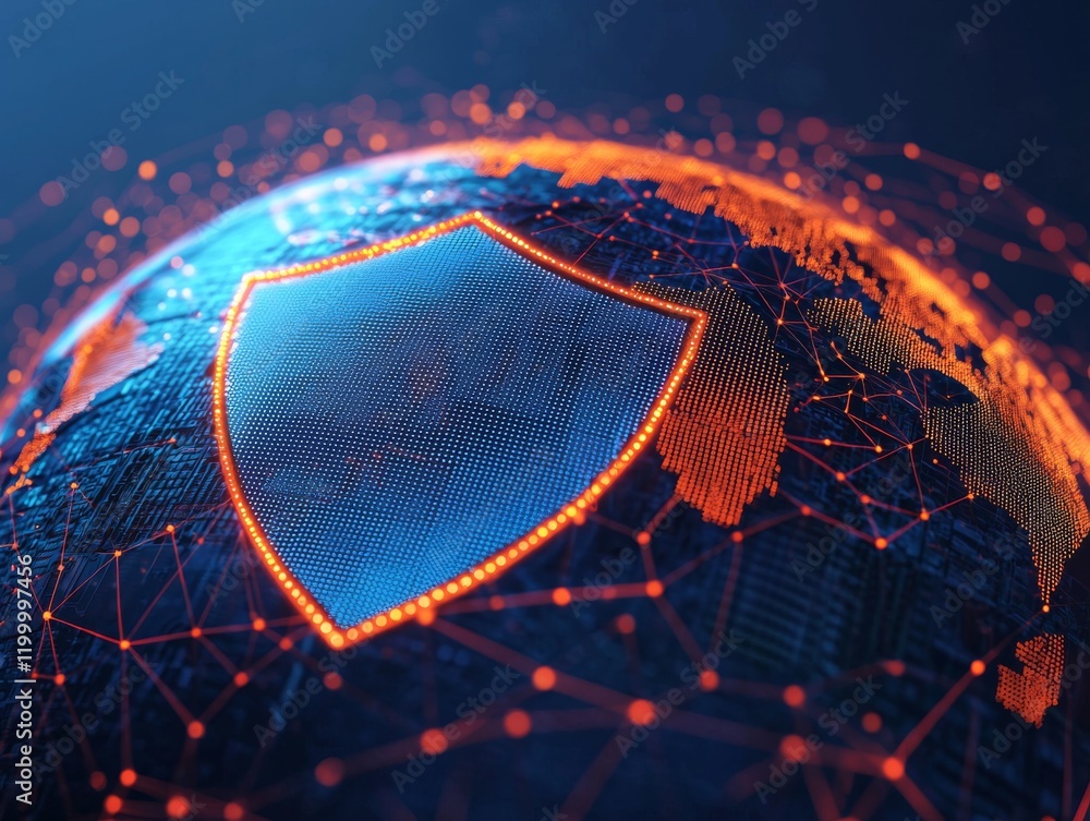 Poster a digital globe featuring a protective shield, symbolizing cybersecurity and global connectivity. id