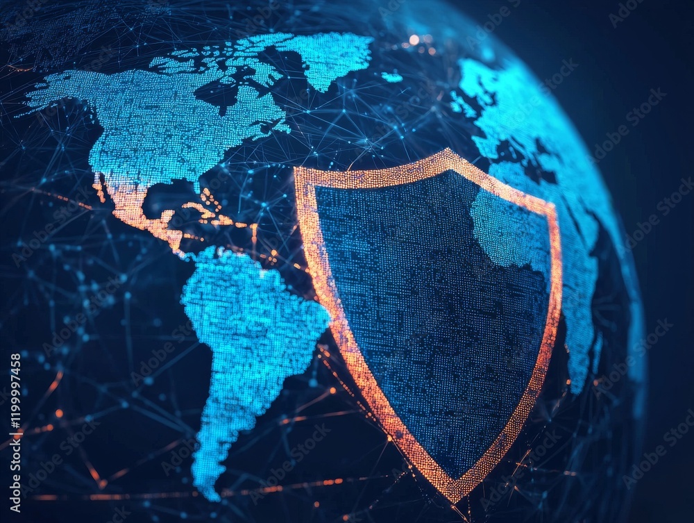 Poster a digital globe with a shield symbolizing cybersecurity and global protection in the tech landscape.
